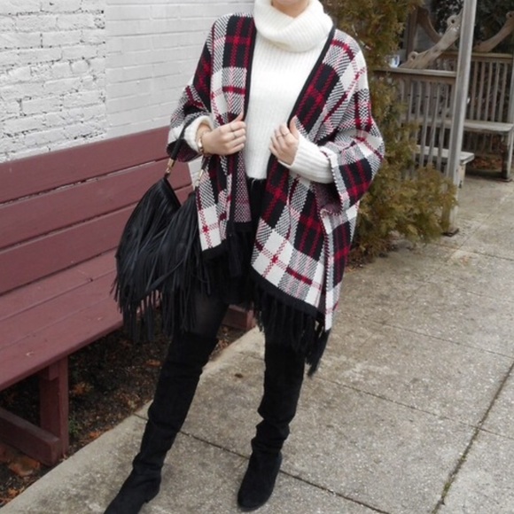 Black + Red Plaid Think Knit Fringe Poncho - Picture 9 of 13